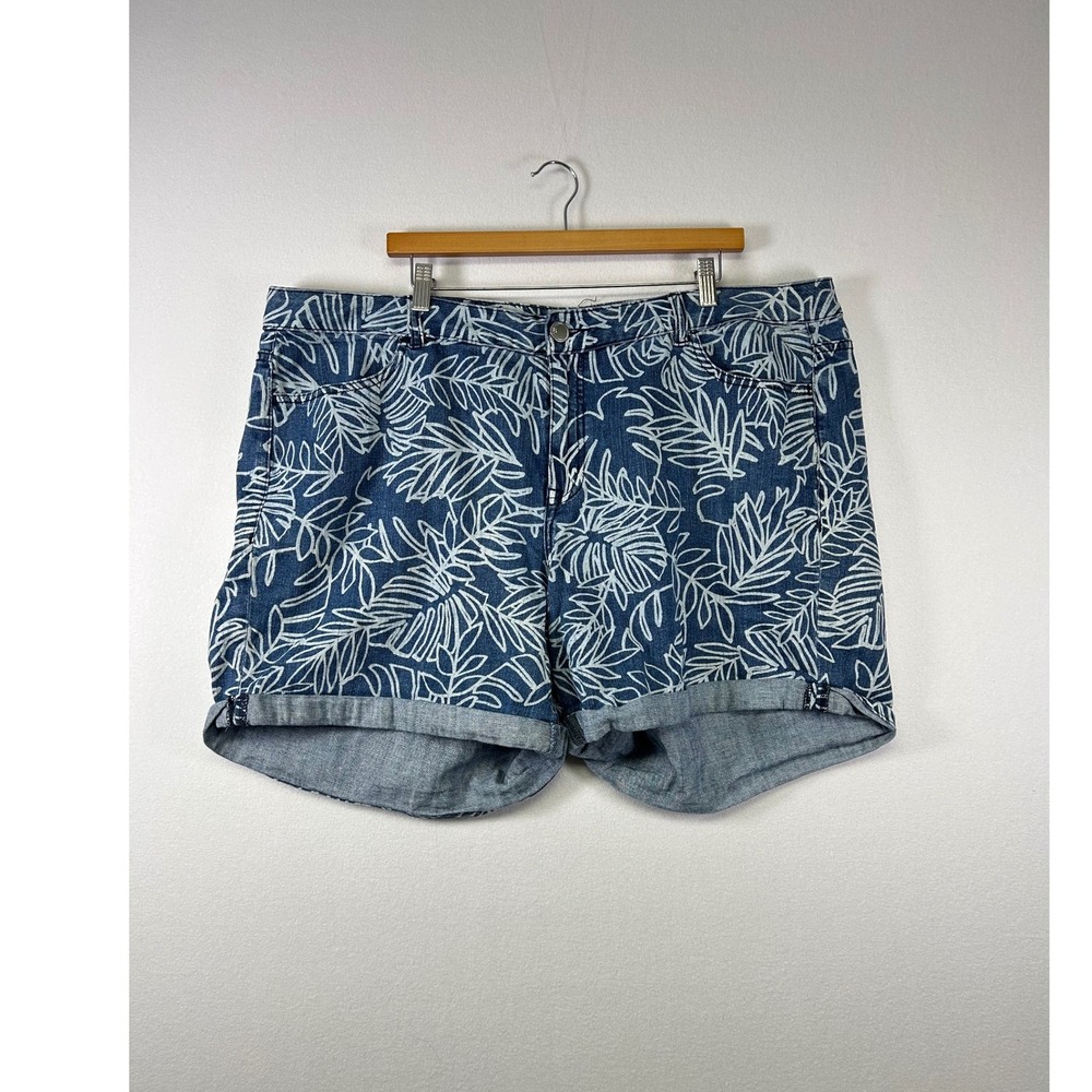 Lane Bryant Denim Shorts Womens 22 Blue White Tropical Leaf Print Cuffed Stretch
